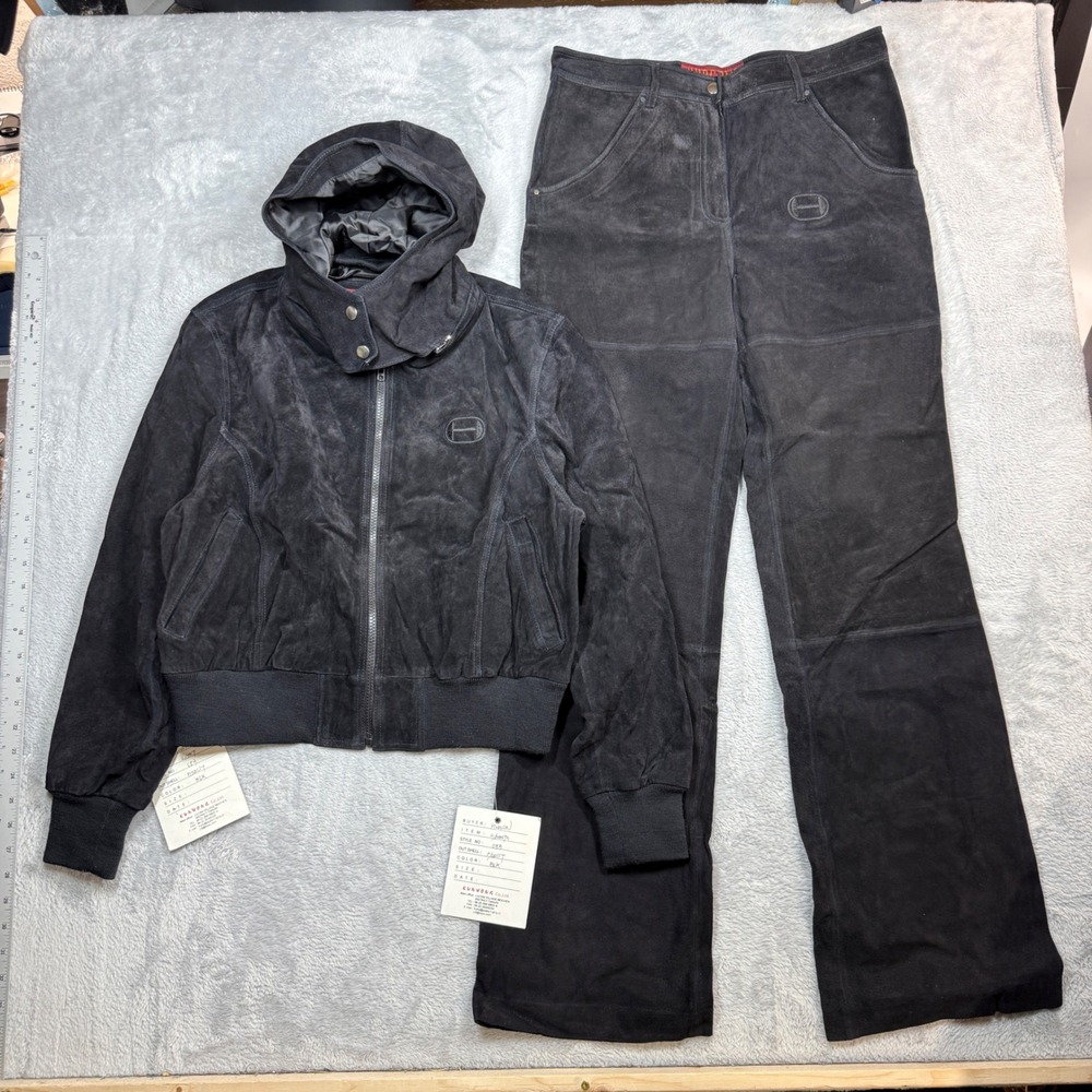 Vintage Hudson Outerwear Suede Hooded Bomber Jacket Pants Set M/L Black Y2K